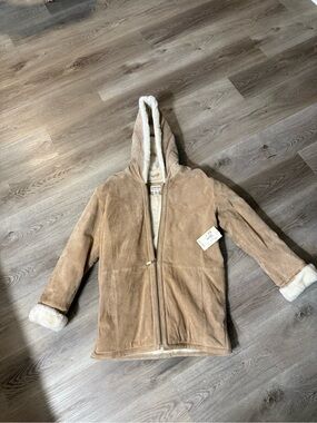 St. John's Bay Tan Hooded Faux-Suede Puffer Coat with White Sherpa Trim
